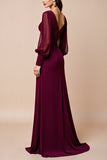 Long Sleeve Burgundy V Neck Mother Of The Bride Dress With Appliques