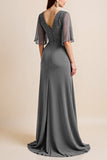 Steel Grey A Line Corset Long Mother Of The Bride Dress