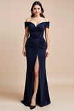 Off The Shoulder Navy Sheath Mother Of The Bride Dress With Slit