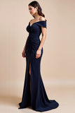 Off The Shoulder Navy Sheath Mother Of The Bride Dress With Slit