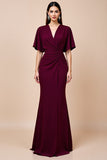 Burgundy Mermaid Flutter Sleeve Long Mother Of The Bride Dress