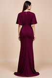 Burgundy Mermaid Flutter Sleeve Long Mother Of The Bride Dress