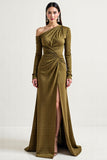 Long Sleeve Olive One Shoulder Mother Of The Bride Dress With Slit