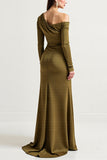 Long Sleeve Olive One Shoulder Mother Of The Bride Dress With Slit