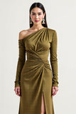 Long Sleeve Olive One Shoulder Mother Of The Bride Dress With Slit