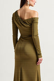 Long Sleeve Olive One Shoulder Mother Of The Bride Dress With Slit