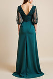 Blue A Line V Neck Long Mother Of The Bride Dress With Appliques