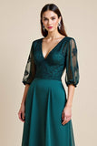 Blue A Line V Neck Long Mother Of The Bride Dress With Appliques