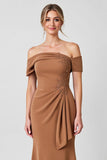 Brown Off the Shoulder Mermaid Long Mother of the Bride Dress with Ruffles