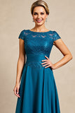 Peacock Blue A Line Long Mother of the Bride Dress with Lace
