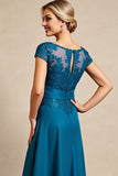 Peacock Blue A Line Long Mother of the Bride Dress with Lace