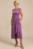Purple A Line Beaded Chiffon Tea Length Mother of the Bride Dress with Ruffles