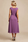 Purple A Line Beaded Chiffon Tea Length Mother of the Bride Dress with Ruffles