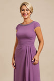 Purple A Line Beaded Chiffon Tea Length Mother of the Bride Dress with Ruffles