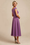 Purple A Line Beaded Chiffon Tea Length Mother of the Bride Dress with Ruffles