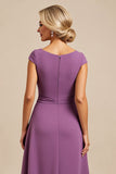 Purple A Line Beaded Chiffon Tea Length Mother of the Bride Dress with Ruffles