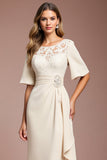 Apricot Lace Ruched Sheath Half Sleeve Mother of the Bride Dress with Sash