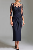 Sparkly Navy Sheath Satin Tea Length Mother of the Bride Dress with Appliques