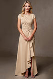 Champagne A Line Satin Ruffled Long Mother of the Bride Dress with Slit
