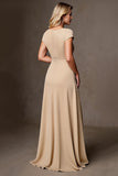 Champagne A Line Satin Ruffled Long Mother of the Bride Dress with Slit