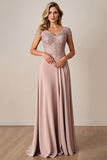 Dusty Rose A Line Satin Long Mother of the Bride Dress with Lace