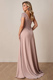 Dusty Rose A Line Satin Long Mother of the Bride Dress with Lace