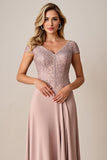 Dusty Rose A Line Satin Long Mother of the Bride Dress with Lace