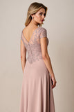 Dusty Rose A Line Satin Long Mother of the Bride Dress with Lace