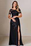 Black Sheath Satin Long Mother of the Bride Dress with Appliques