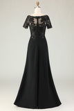 Black Sheath Satin Appliqued Long Mother of the Bride Dress with Sleeves