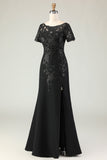 Black Sheath Satin Appliqued Long Mother of the Bride Dress with Sleeves