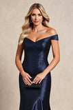Sparkly Navy Satin Mermaid Long Mother of the Bride Dress