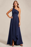 Navy A Line One Shoulder Long Mother of the Bride Dress with Lace