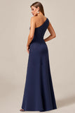 Navy A Line One Shoulder Long Mother of the Bride Dress with Lace