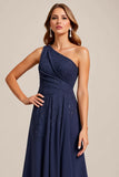 Navy A Line One Shoulder Long Mother of the Bride Dress with Lace