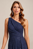 Navy A Line One Shoulder Long Mother of the Bride Dress with Lace