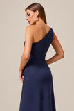 Navy A Line One Shoulder Long Mother of the Bride Dress with Lace