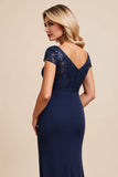 Navy Mermaid Satin Long Mother Of The Bride Dress With Slit