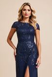 Navy Mermaid Satin Long Mother Of The Bride Dress With Slit