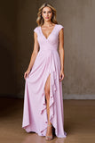 Candy Pink A Line Ruffled Long Mother of the Bride Dress with Slit