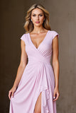 Candy Pink A Line Ruffled Long Mother of the Bride Dress with Slit