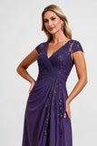 Sparkly Purple Chiffon Long Mother of the Bride Dress with Lace