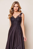 Black Satin Ruffled Long Mother of the Bride Dress with Lace