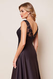 Black Satin Ruffled Long Mother of the Bride Dress with Lace