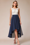 Chiffon High-Low A Line Lace Navy Wedding Guest Dress