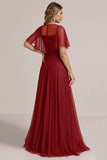 Glitter Burgundy A Line Bridesmaid Dress with Short Sleeves