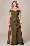 Off The Shoulder Olive Long Plus Size Mother Of The Bride Dress With Slit