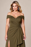 Off The Shoulder Olive Long Plus Size Mother Of The Bride Dress With Slit