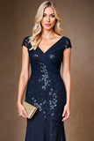 Navy Sheath Cap Sleeve Long Mother Of The Bride Dress With Sequins