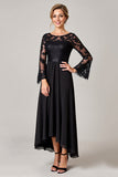 Black High Low Lace Applique Mother of the Bride Dress with Long Sleeves